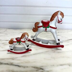 Vintage Ceramic Rocking Horse Figurines, Set of 2, Christmas Mantel Decor